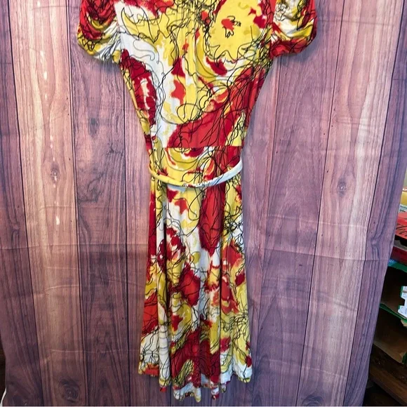 Saks Fifth Avenue Red and Yellow Puff Sleeve Midi Sundress - Picture 5 of 7